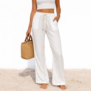 ROXY Oceanside Drawstring Linen Blend Pants Size Large White Beach Boho